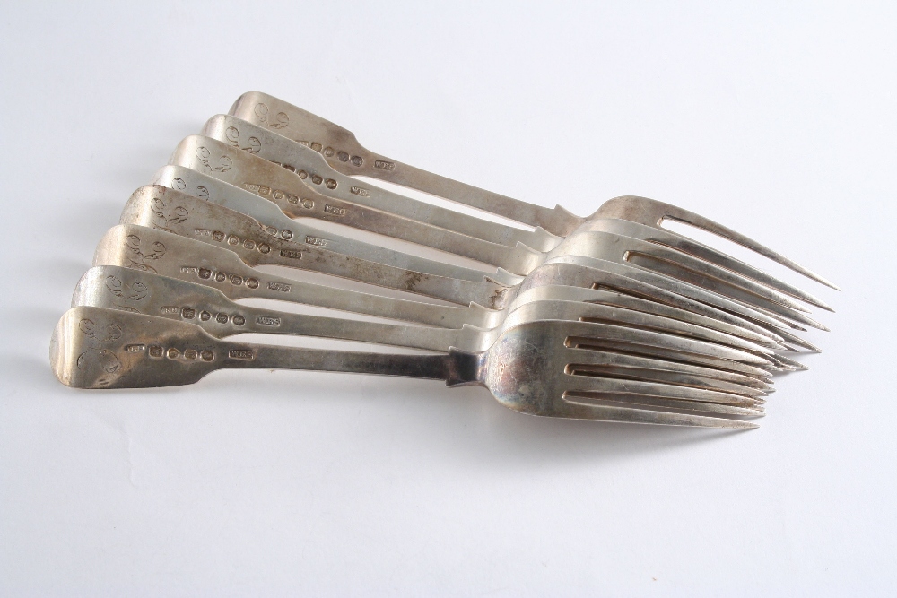 A SET OF EIGHT VICTORIAN FIDDLE PATTERN TABLE FORKS initialled "K", struck with two maker`s marks (