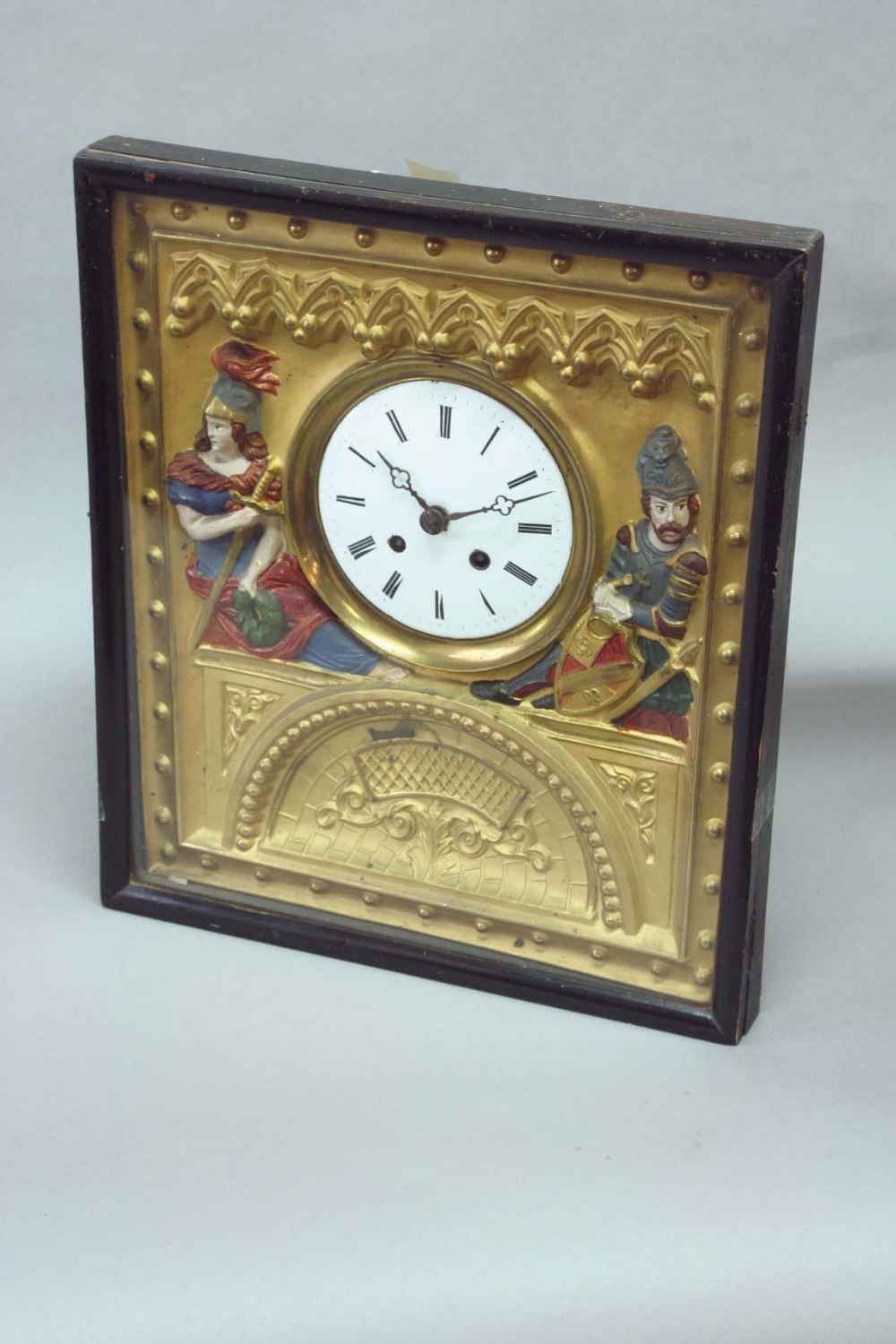 A FRENCH WALL CLOCK dial white enamel, movement striking on a non-existent bell, case stamped gilt
