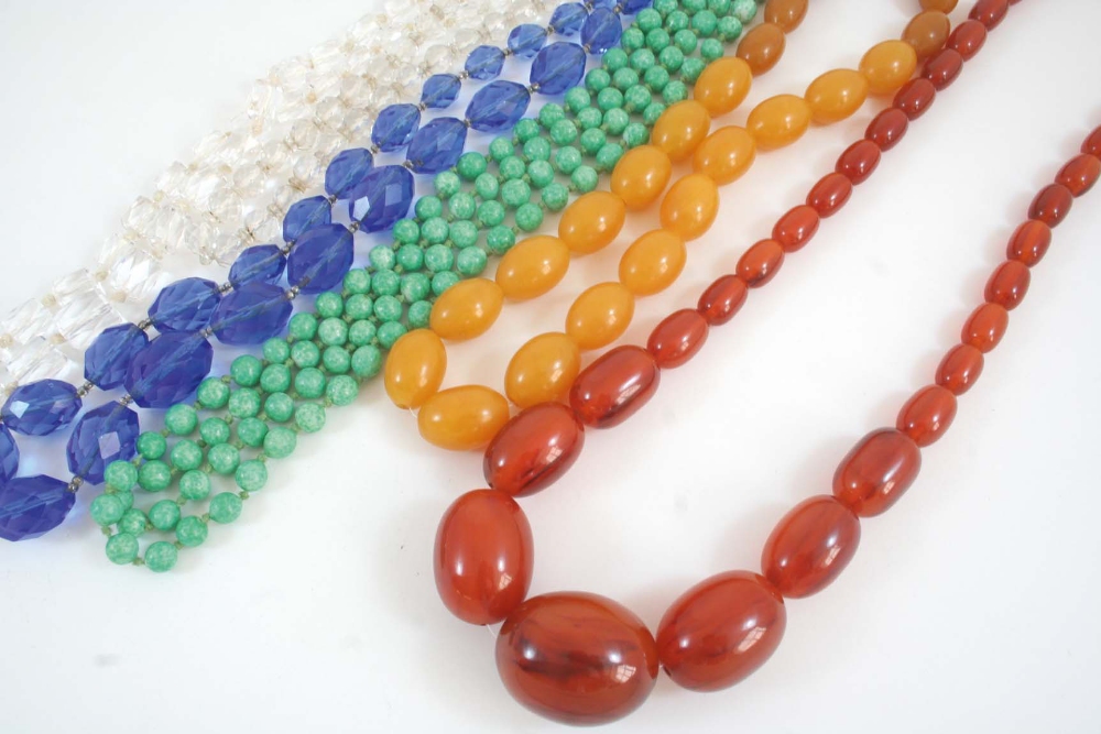 A SINGLE ROW GRADUATED AMBROID BEAD NECKLACE 60cm. long, 88 grams, together with various other