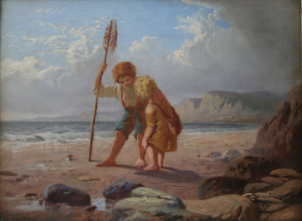 WILLIAM HENRY MIDWOOD (Fl.1867-1875) TWO CHILDREN ON A BEACH Signed, oil on canvas 14.5 x 19.5cm. ++