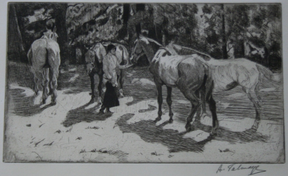 ALGERNON TALMAGE, RA (1871-1939) (FEEDING THE HORSES) Etching, signed in pencil 14.5 x 25cm. ++ A
