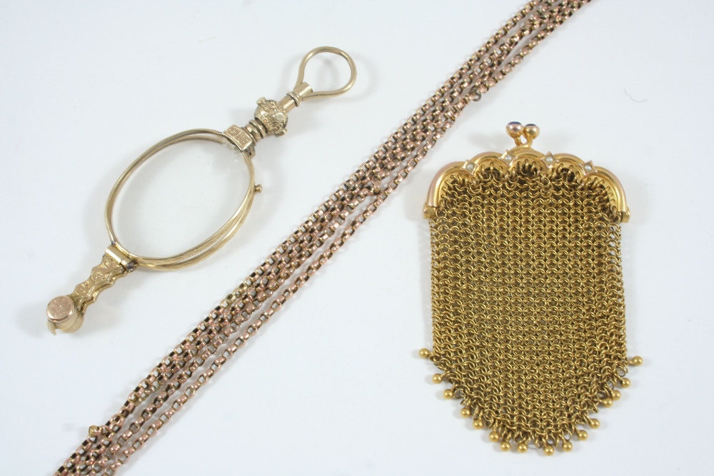 A 9CT. GOLD MESH PURSE with two sapphire cabochons set to the clasp, 20 grams, together with a