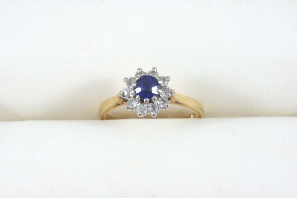 A SAPPHIRE AND DIAMOND CLUSTER RING set with a circular-cut sapphire within a surround of circular-