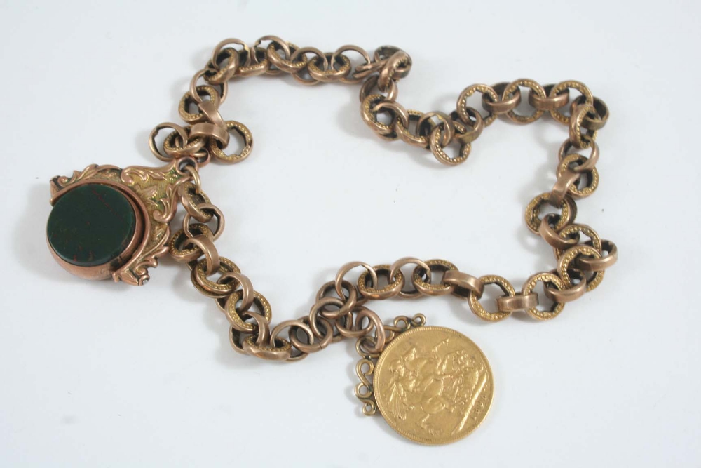 A WATCH CHAIN suspending a 9ct. gold spinning fob set with a bloodstone and a cornelian, and a
