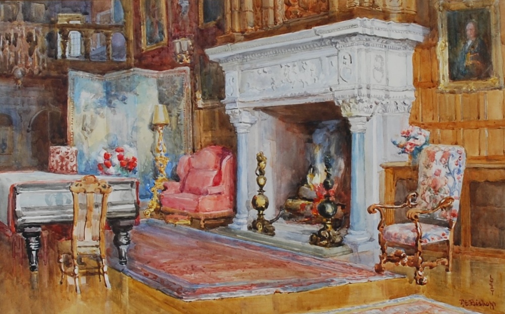 P. E. Bishopp (early 20th century) An interior scene with marble fire surround watercolour, signed