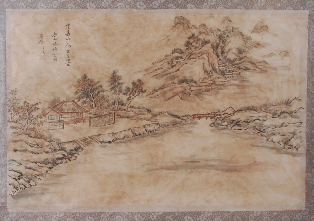 A Chinese watercolour, painted with a mountain landscape and river, bridge and scholar in hut,