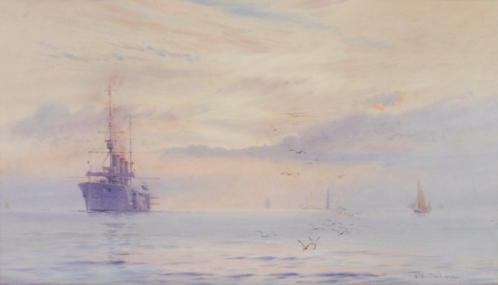 Alma Claude Burlton Cull (1880-1931) H.M.S. Cornwall off the Eddystone watercolour, signed and dated