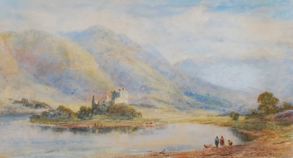 Follower of Sam Bough A Highland scene with loch, ruined castle and figures watercolour, signed