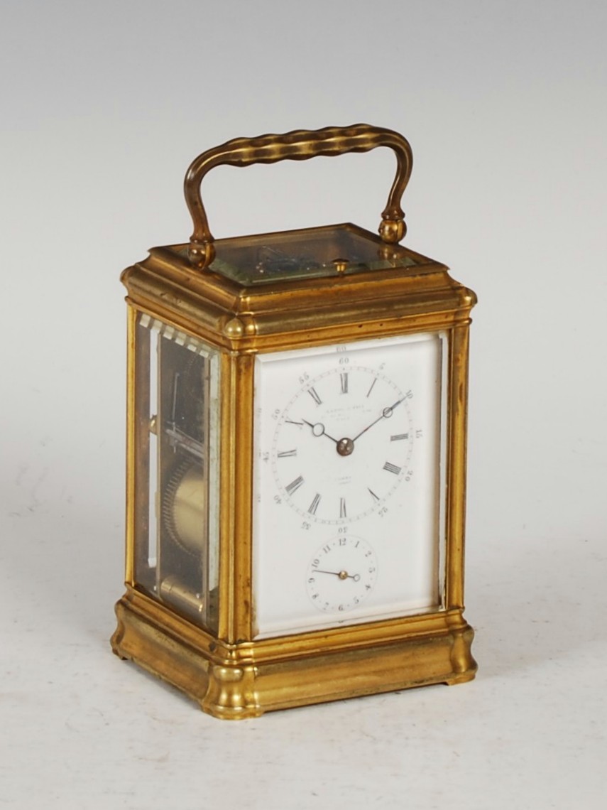 A late 19th century French repeating carriage clock with alarm, Leroy & Fils, Paris, the white