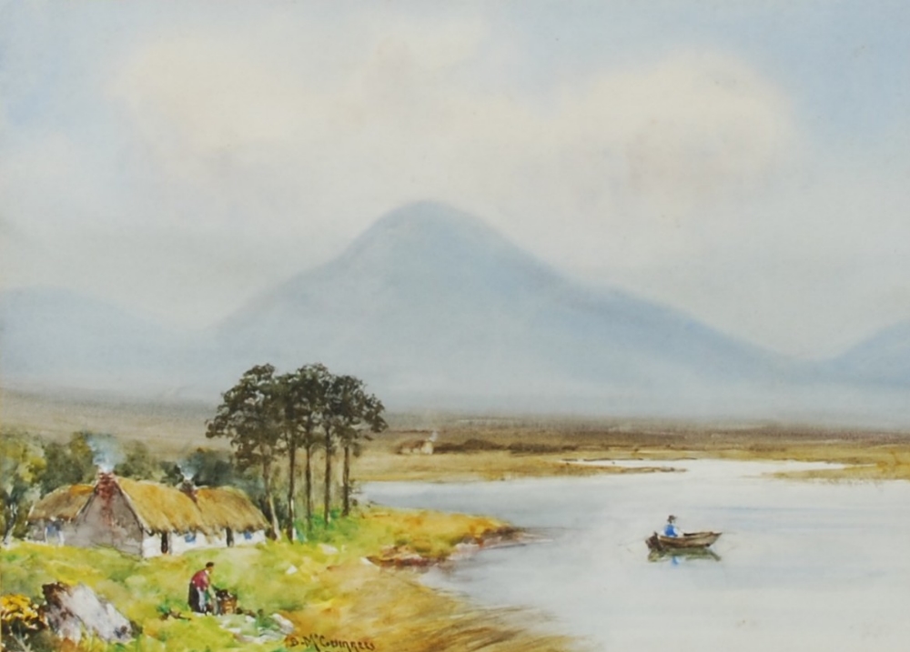 William Bingham McGuiness RHA (1849-1928) Connemara, loch side with figures and cottage watercolour,