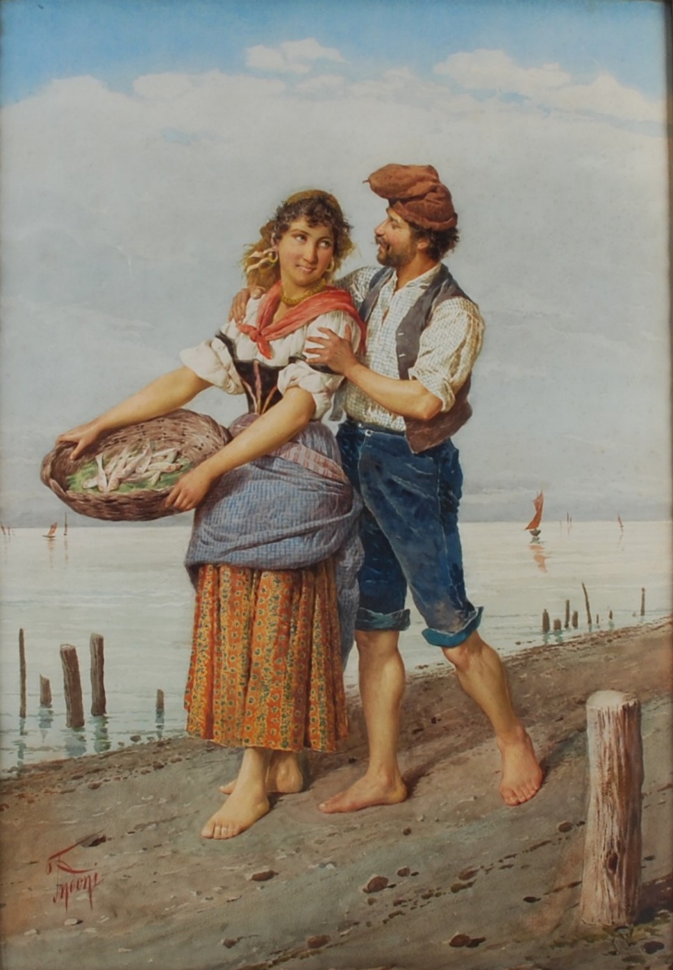Late 19th/ early 20th century Italian school Fisher folk watercolour, indistinctly signed lower left