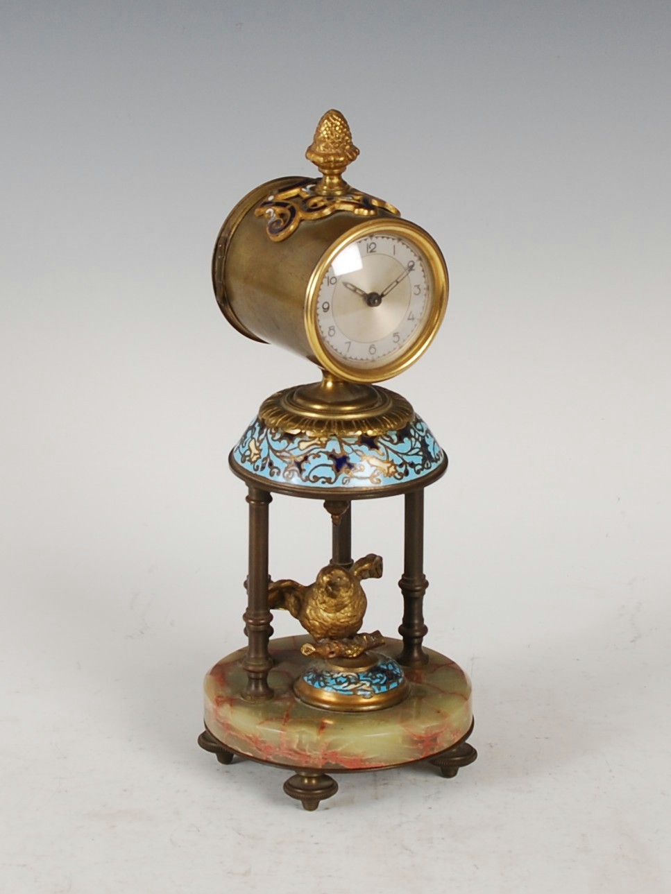 An early 20th century French champleve enamel mantle clock, the 2" silvered dial with Arabic