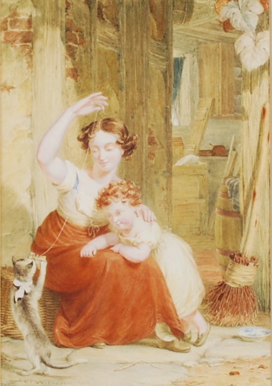 W. F. Witherington (19th century) Mother and daughter playing with kitten watercolour, signed and