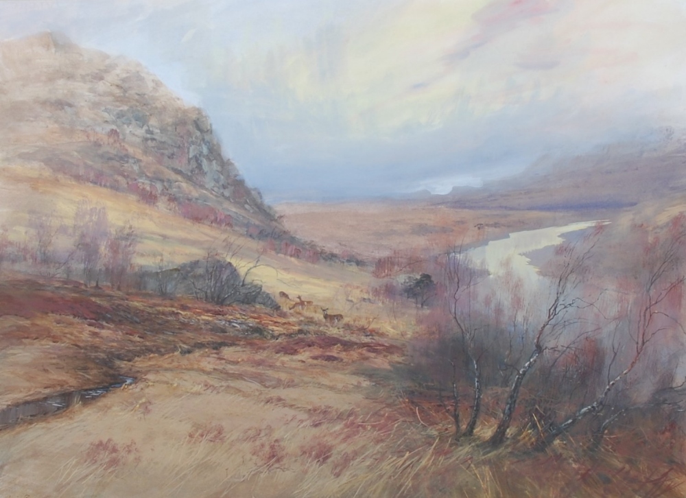 Iain Ross (20th century) Autumnal Highland landscape with deer grazing watercolour, signed lower