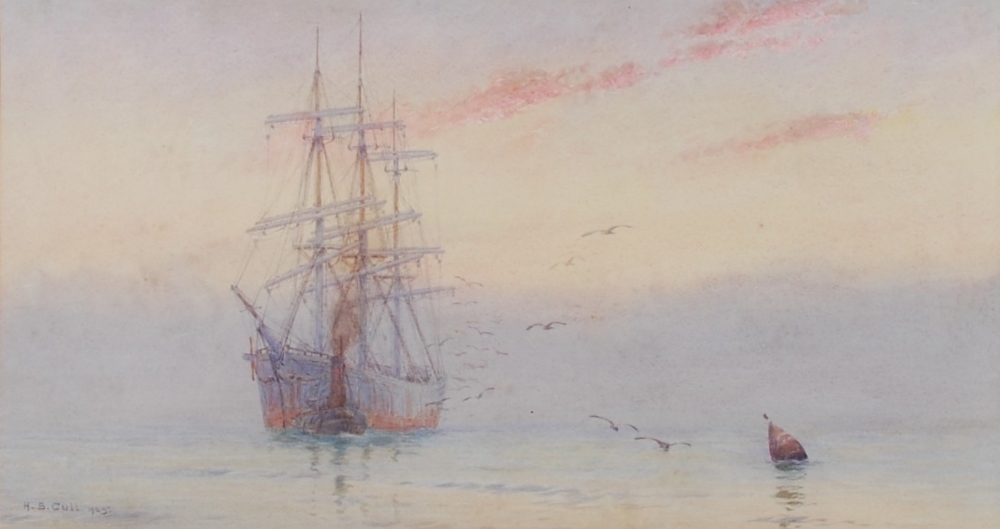 Alma Claude Burlton Cull (1880-1931) Old sailing ship being towed up the Solent watercolour,