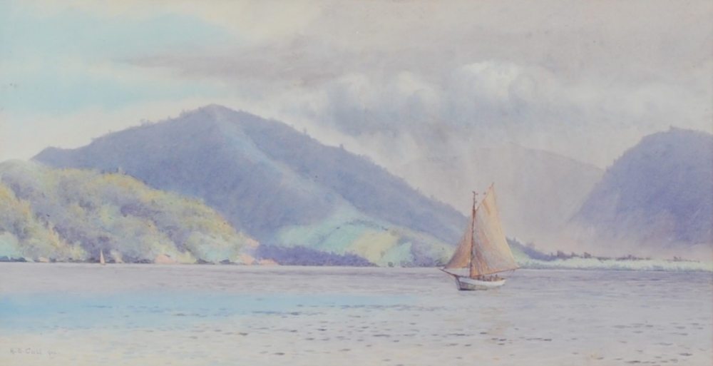 Alma Claude Burlton Cull (1880-1931) Sea loch with sailing boat watercolour, signed and dated 1922