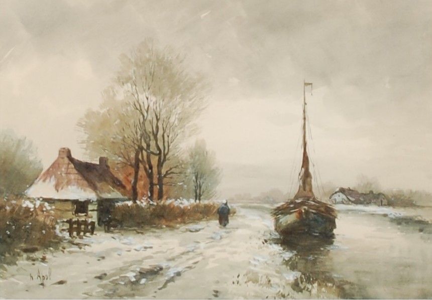 L. Apol (19th/20th century) The canal tow path in winter watercolour, signed lower left 21.5cm x