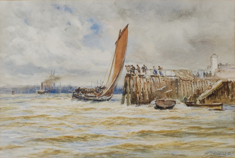 Robert Jobling The Jetty watercolour, signed and dated `87 34cm x 51cm