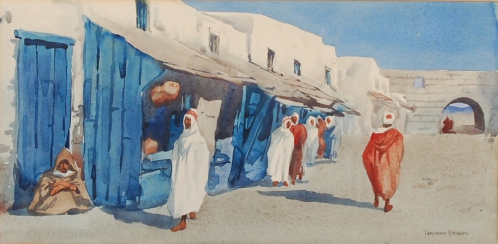 Giovanni Barbaro (fl.1890-1907) Arabian street scene watercolour, signed lower right 18cm x 37.5cm