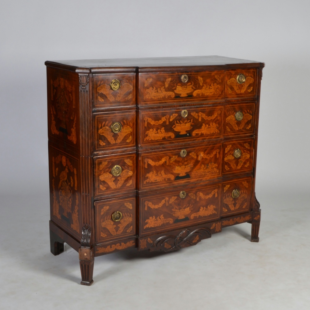 A 19th century Continental mahogany and marquetry breakfront chest of large size, formed in two