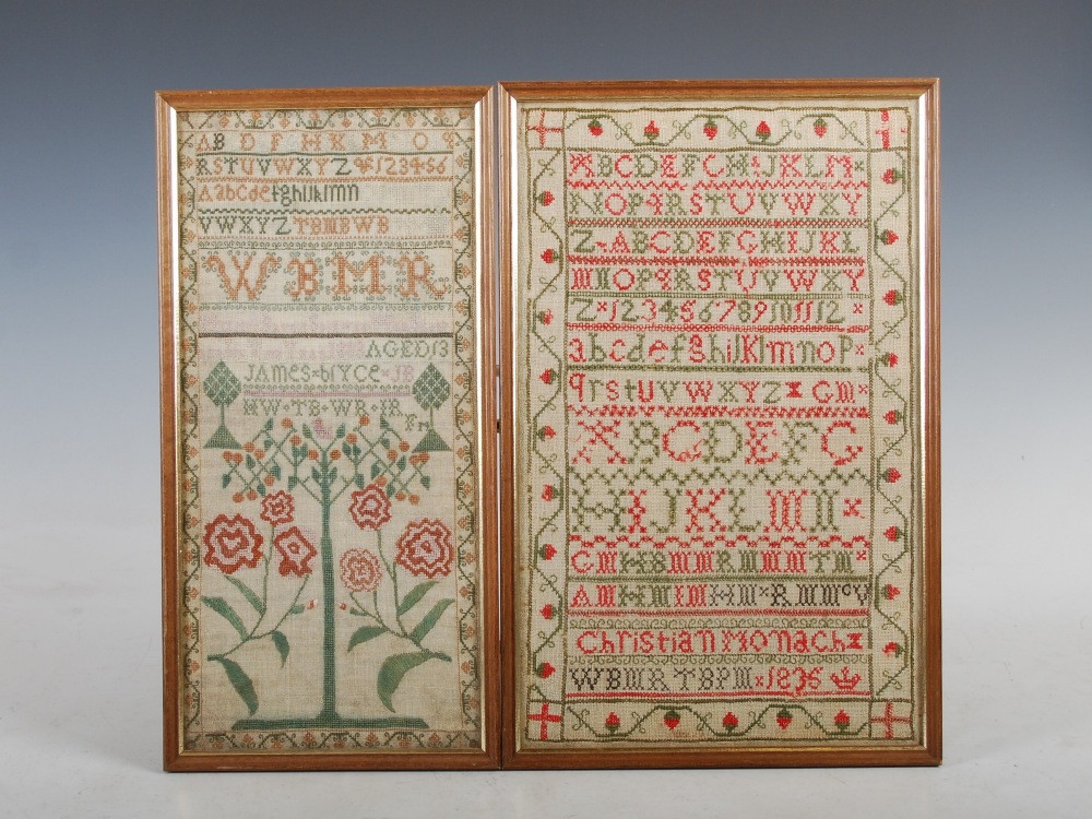 A Regency sampler by Helen Bryce aged 13, 1808, and a William IV sampler by Chrstian Monach, 1836,