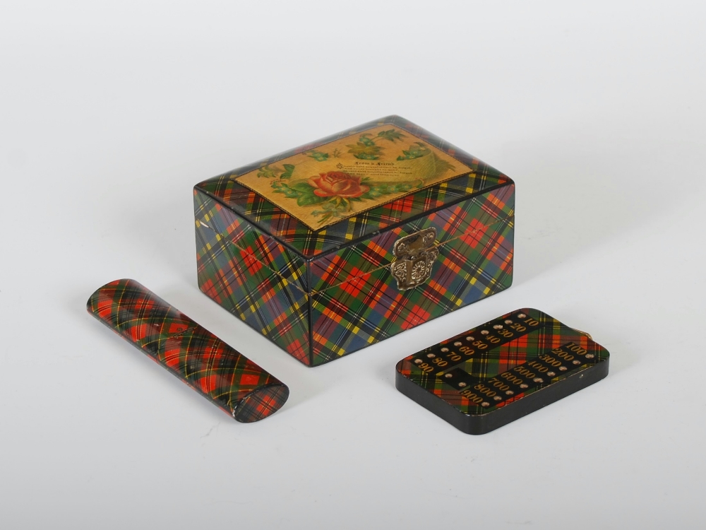 Three pieces of 19th century Tartanware, to include; McPherson needle case, 10cm wide, M ` Beth