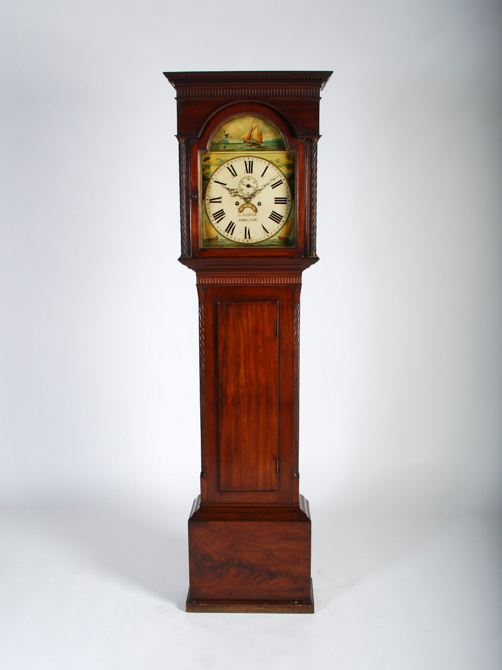 A 19th century mahogany longcase clock J. COOPER, HAMILTON, the 14" enamel dial with Roman numerals,