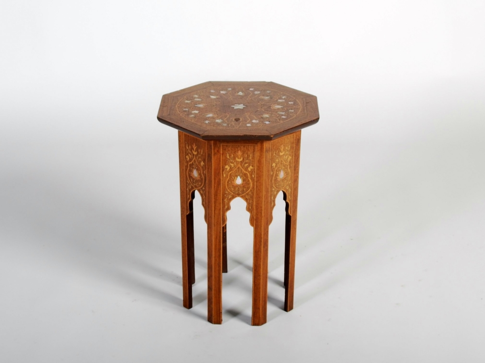 A Moorish style rosewood and mother-of-pearl inlaid octagonal shaped occasional table, the top