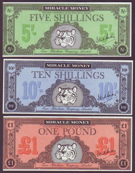 Esso Miracle Money (3) issued for petrol/gas stations in the 1960s, 5 shillings, 10 shillings and £