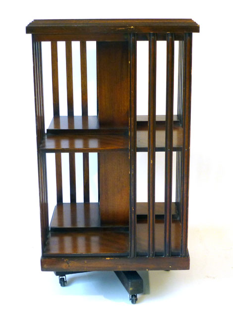 A figured walnut and strung revolving bookcase of square shaped form, 45cm square CONDITION