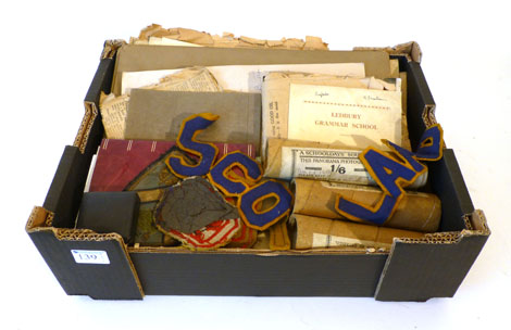 A box containing numerous letters, papers relating to Ledbury Grammar School, many other related