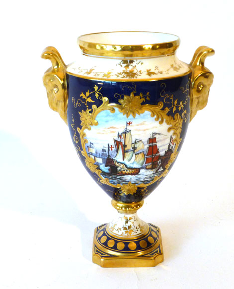 A modern Coalport two handled vase painted by Malcolm Harnett with a Naval engagement on a blue