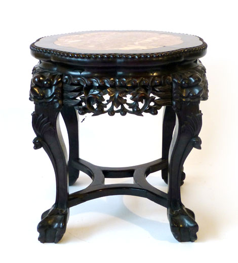 A late 19th century Chinese rosewood jardiniere stand with rouge marble inset to top on cabriole