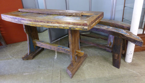 An unusual driftwood constructed high bar table, together with two matching settles finished in