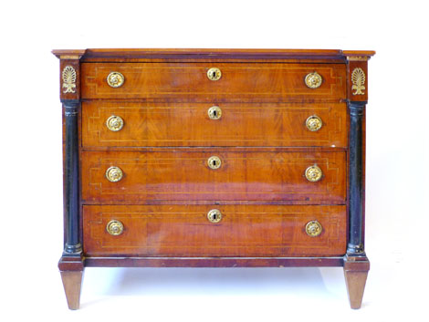 A 19th century Continental mahogany, strung and gilt metal mounted chest of four graduated long