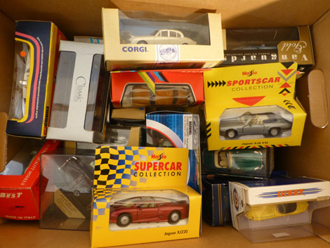 A collection of diecast models including Corgi, Brumm, Maisto, Polistil and others, each boxed,