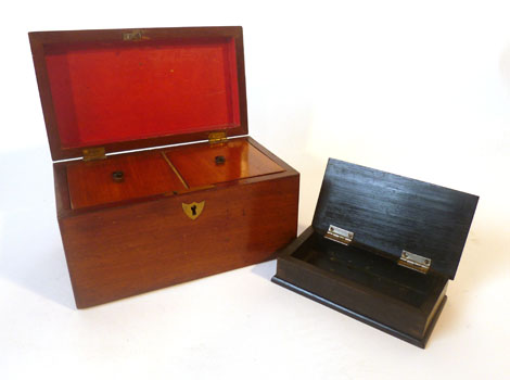 A 19th century mahogany tea caddy with twin lidded interior, w. 20cm and an ebonised box