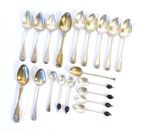 A quantity of silver spoons comprising five teaspoons, five old English pattern teaspoons with