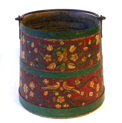 An antique painted Folk Art pail with iron swing handle and carrying handle, possibly Dutch
