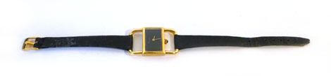 A part 18ct gold lady's wristwatch stamped 750 by Kutchinsky in the form of a rectangle with black