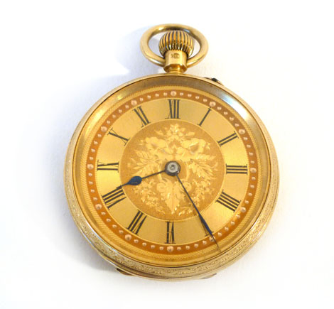 An engraved 18ct gold cased open faced fob watch, dust cover also 18ct gold, manual wind movement