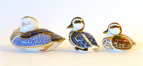 A Royal Crown Derby Imari paperweight of a Mandarin duck together with a Mallard duck, one other