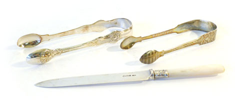 A William IV pair of silver King's pattern sugar tongs together with a pair of silver fiddle pattern