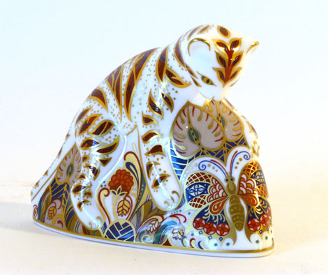 A Royal Crown Derby Imari paperweight Bengal Tiger Cub with gold button, h10cm