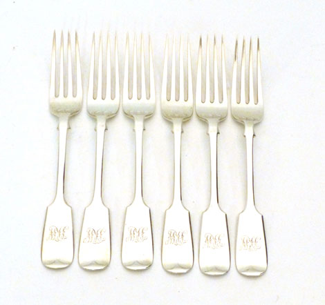 A set of six Victorian silver Fiddle pattern dessert forks, initialled HRW, Josiah Williams & Co,