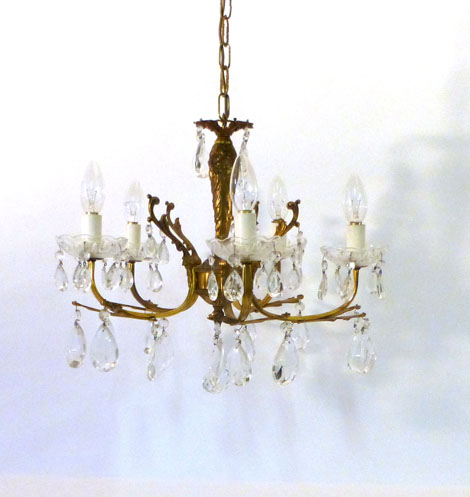 A 19th century style French gilt brass five branch chandelier with cut glass pear drops, h35cm