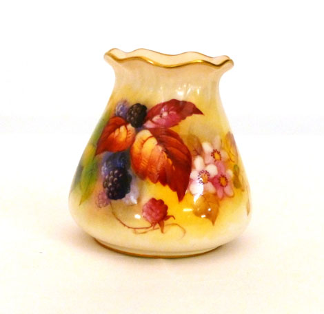 A Royal Worcester vase of tapered form painted with blackberries by Kitty Blake, signed, puce