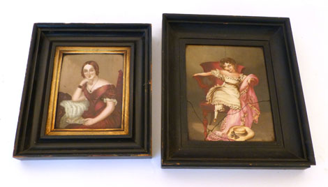 A Victorian ceramic plaque printed and painted a portrait of a seated lady, 16 x 12.5cm together