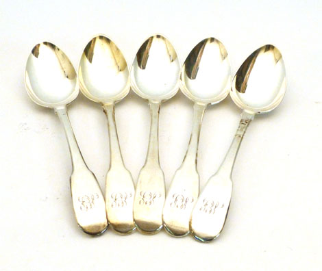 Five George III silver Fiddle pattern dessert spoons, initialled, William Eley & William Fearn,