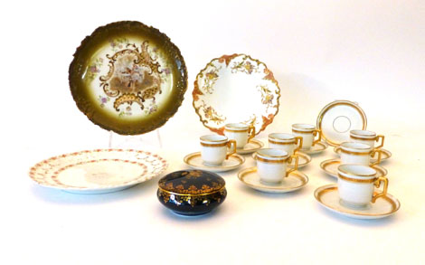 Eight Limoges coffee cups with bat ring handles and gilt guilloche borders together with nine